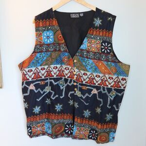 Shelly & Arnold Vest 1990s Womens 3X Geometric V-Neck Sequin Slit Hem Boho